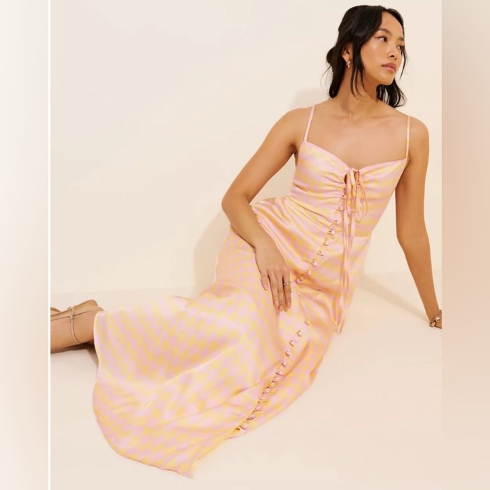 OLIVIA RUBIN Pastel Pink & Yellow Geo Print Silky Dress/Spaghetti Straps: Size M